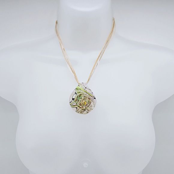 Art Glass Pendant Necklace Lamp Work Foil Swirl Green Copper Ribbon Cord Chain - Picture 8 of 10